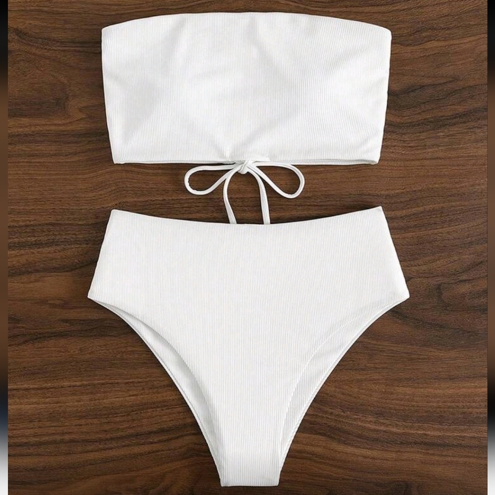 Tie Back Bandeau 2 Piece Bikini Set, L (8-10), White
